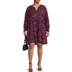 Terra & Sky Plus Size Babydoll Dress Purple Orange Print Long Sleeve 1X Boho